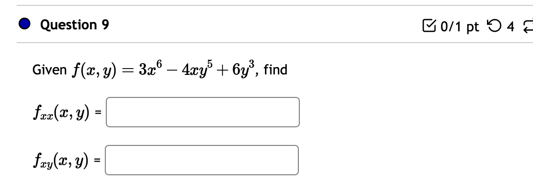 Given \( f(x, y)=3 x^{6}-4 x y^{5}+6 y^{3} \) \[ f_{x x}(x, y)= \] \[ f_{x y}(x, y)= \]