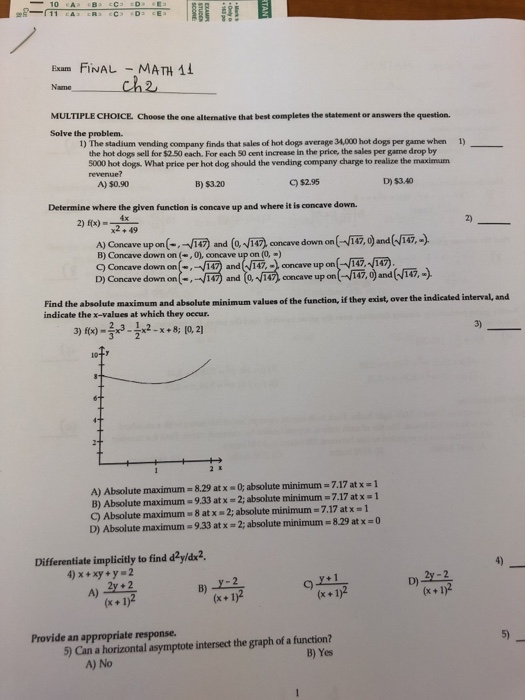 Solved Exam FINAL-MATH 11 Name Ch2 MULTIPLE CHOICE Choose | Chegg.com