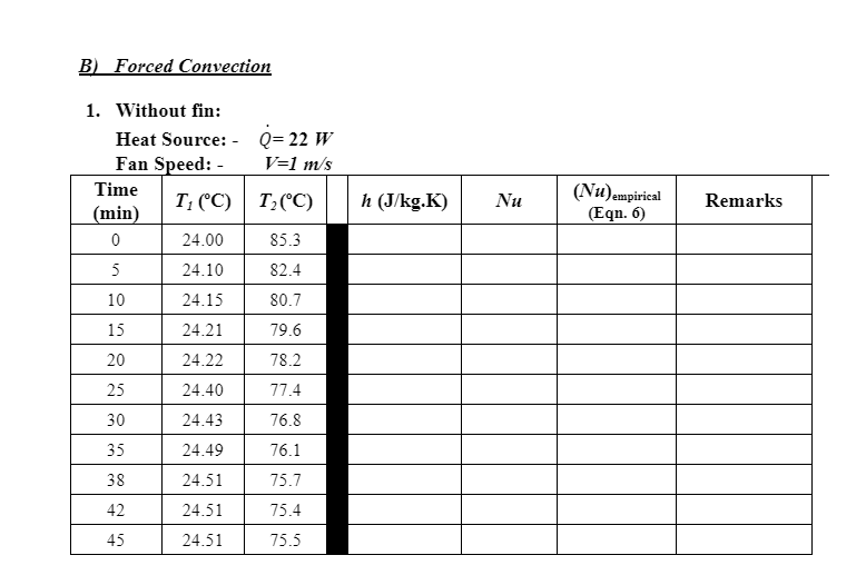 B) Forced Convection 1. Without fin: Heat Source: Fan | Chegg.com