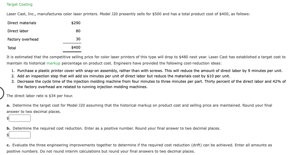 Solved Target Costing Laser Cast, Inc., manufactures color | Chegg.com