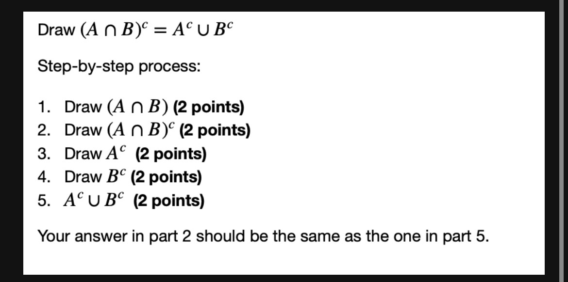Solved Draw (A∩B)c=Ac∪BcStep-by-step process:Draw (A∩B) (2 | Chegg.com
