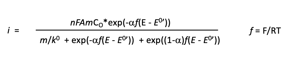 \( i=\frac{n F A m C_{0} * \exp \left(-\alpha f\left(E-E^{0^{\prime}}\right)\right)}{m / k^{0}+\exp \left(-\alpha f\left(E-E^