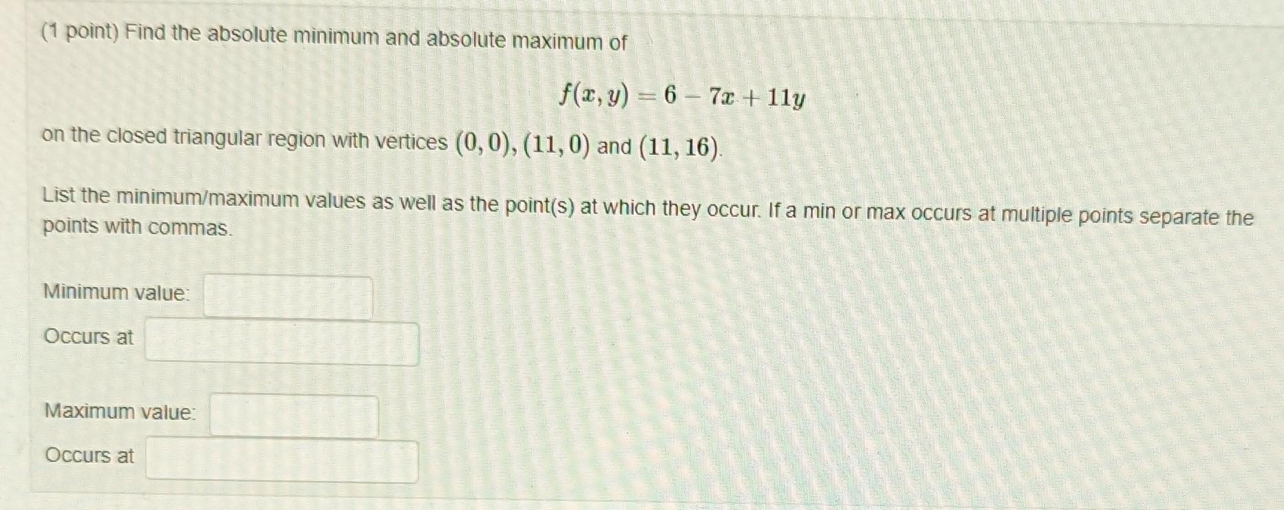 Solved ( 1 point) Find the absolute minimum and absolute | Chegg.com
