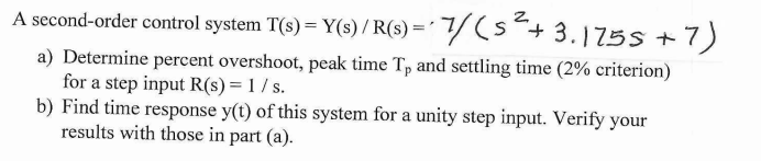 Solved A second-order control system T(3) = | Chegg.com