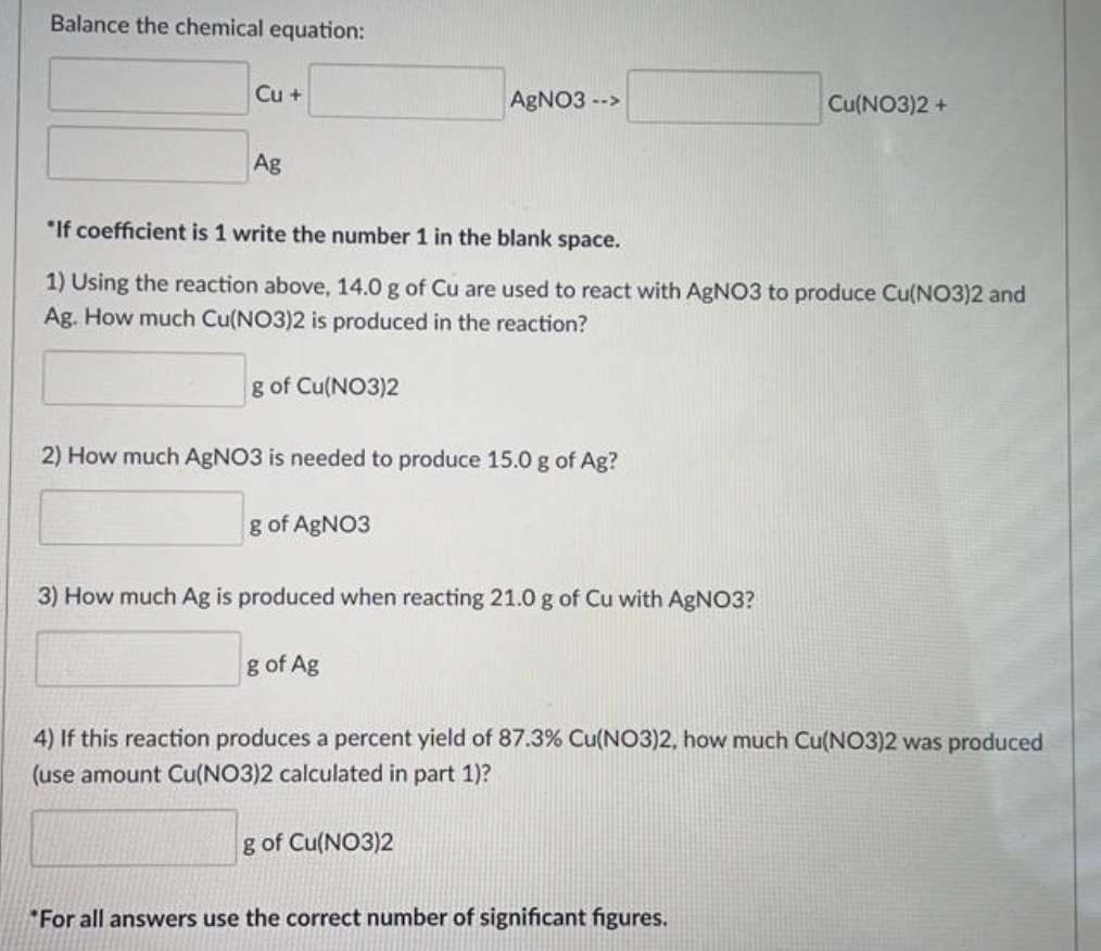 Solved Balance the chemical equation: Cu + AgNO3 --> | Chegg.com
