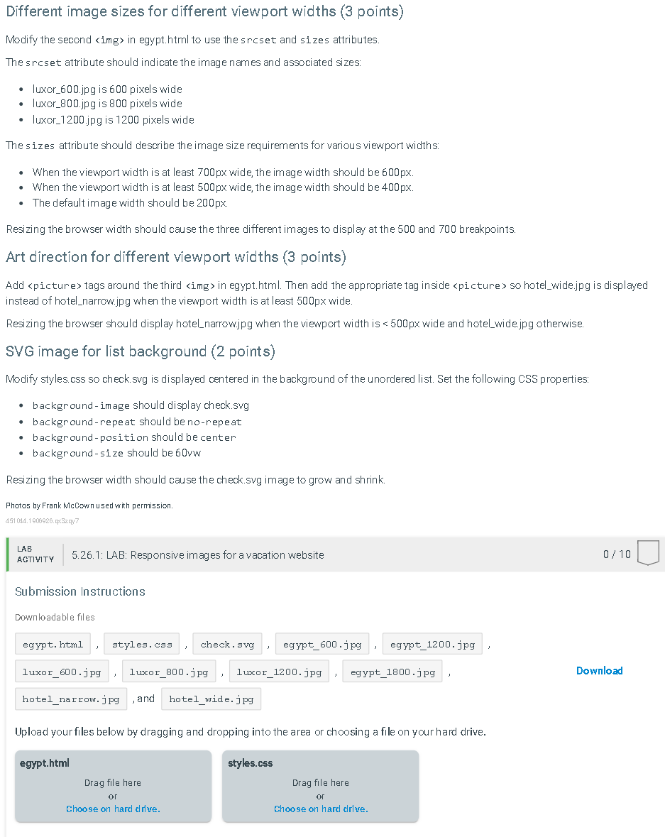 Solved 5.26 LAB: Responsive Images For A Vacation Website In | Chegg.com