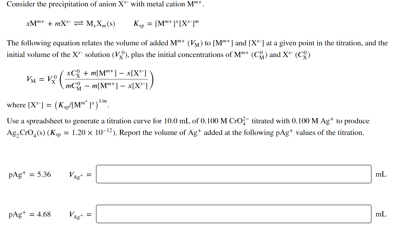 Solved Consider the precipitation of anion XX with metal | Chegg.com