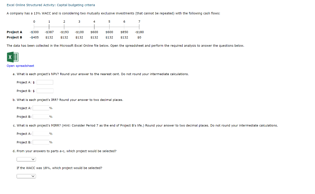 Solved Excel Online Structured Activity: Capital budgeting | Chegg.com