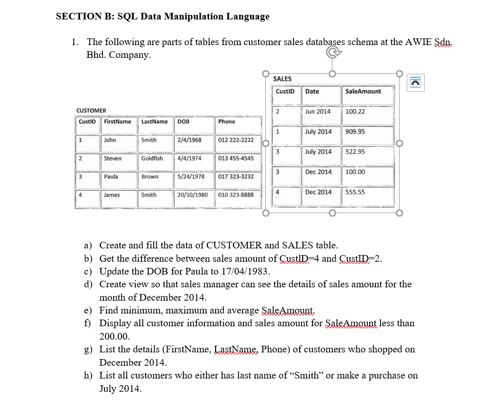 Solved SECTION B: SQL Data Manipulation Language 1. The | Chegg.com
