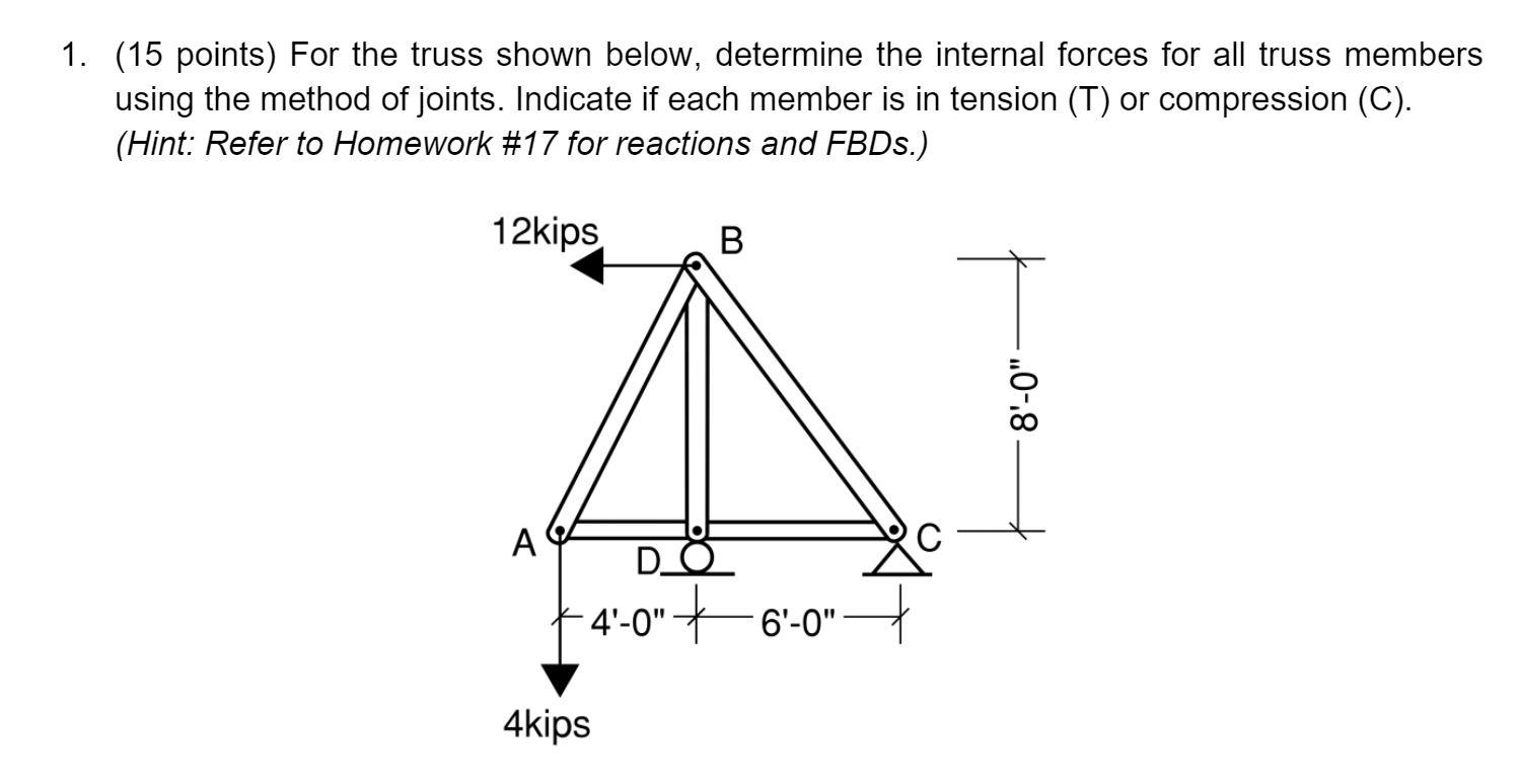 Solved 1. (15 points) For the truss shown below, determine | Chegg.com