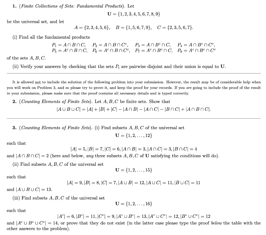 Solved 1. Finite Collections of Sets Fundamental Chegg