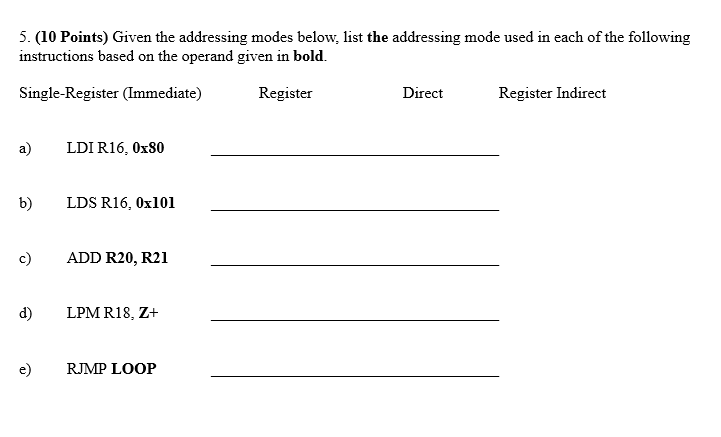 Solved 5. (10 Points) Given the addressing modes below, list | Chegg.com