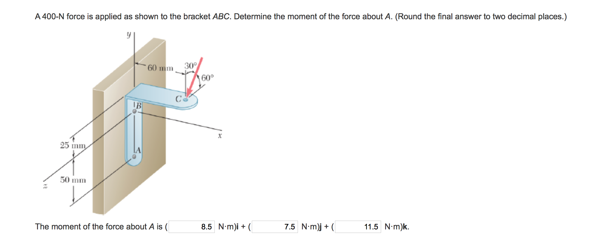 Solved A 400N force is applied as shown to the bracket ABC.