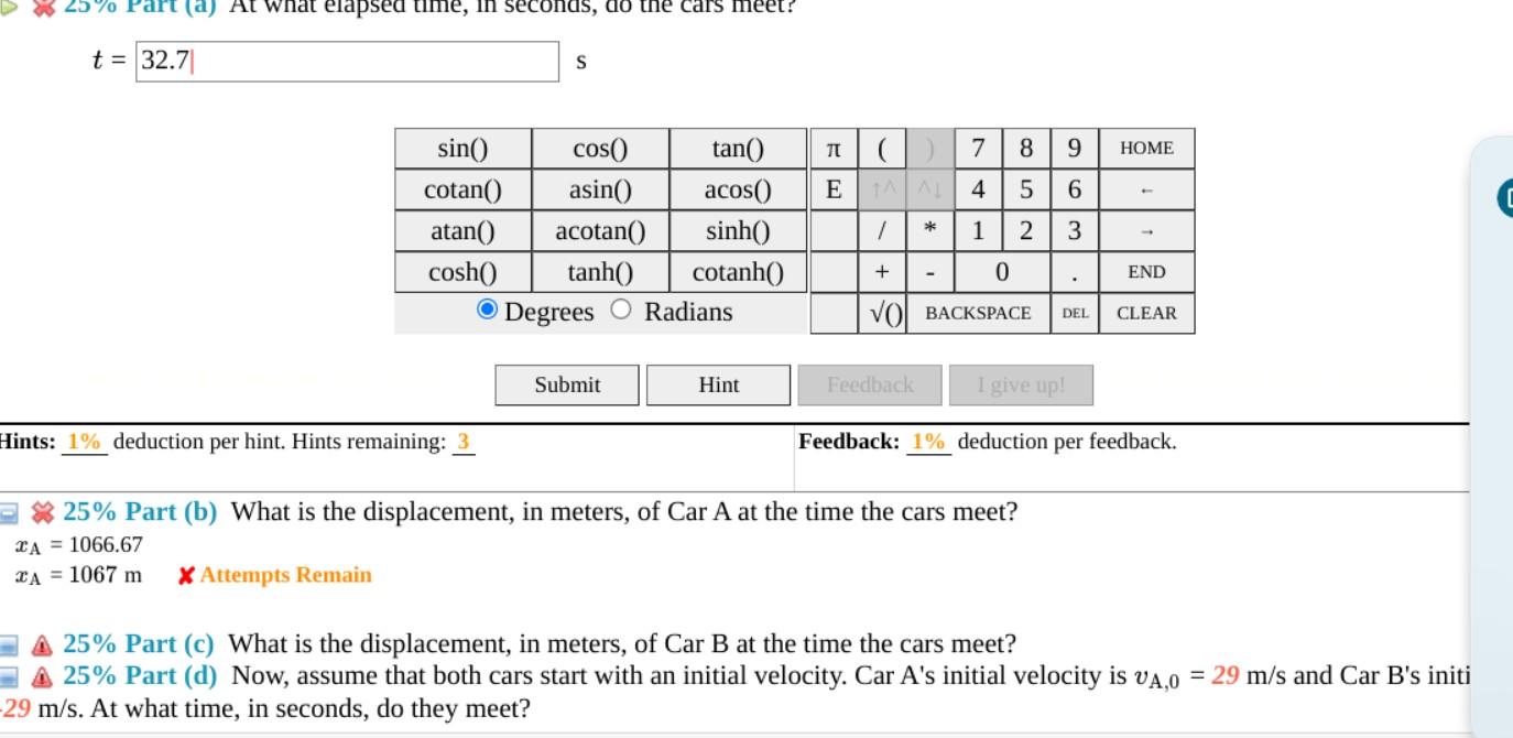 Solved (7%) ﻿Problem 12: Two cars are heading toward one | Chegg.com