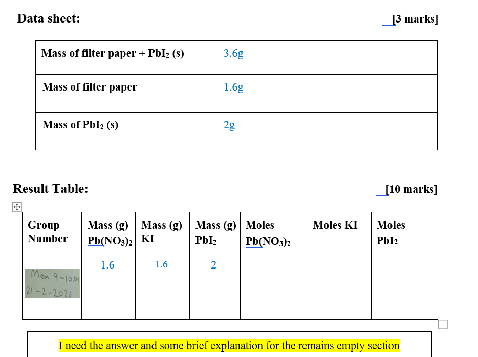 Solved Data sheet [3 marks] Mass of filter paper + Pb12 (8)