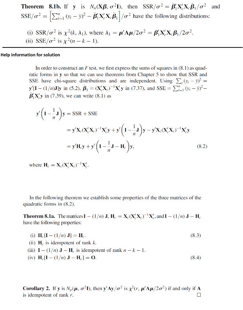 Theorem 8 1b If Y Is N Xb Oʻi Then Ssr O2 B Chegg Com