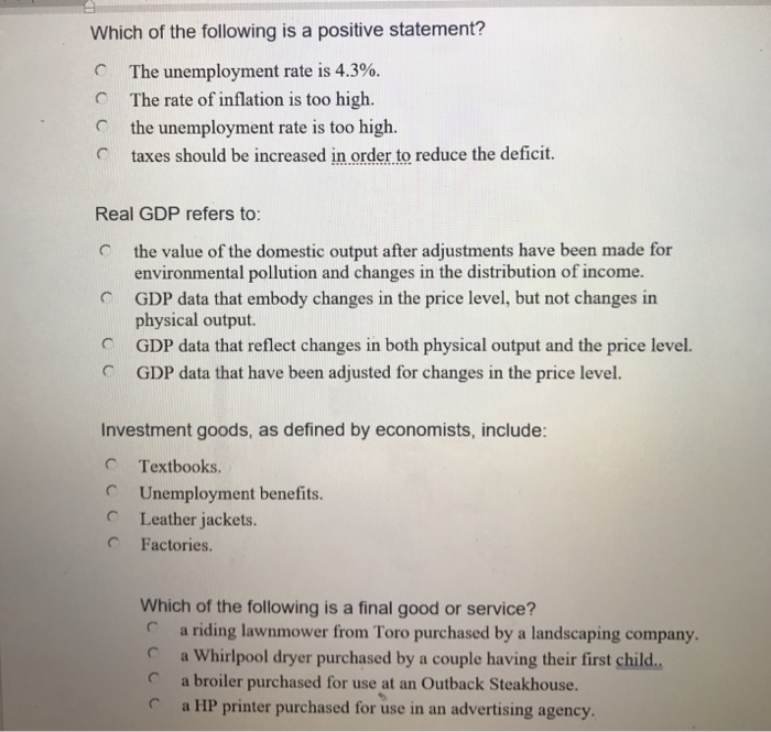 Solved Which of the following is a positive statement? The | Chegg.com