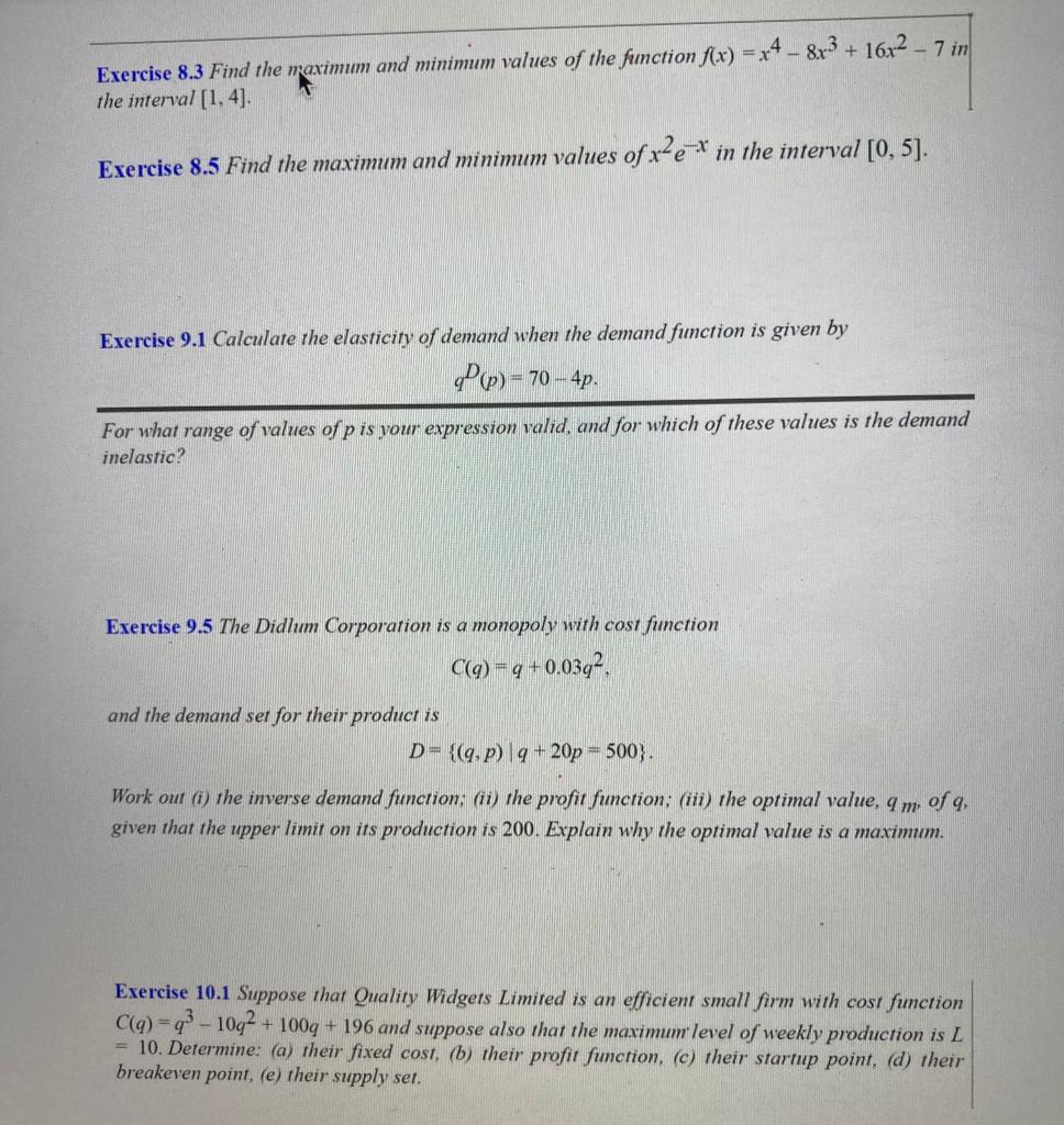 Solved Exercise 8.3 Find the maximum and minimum values of | Chegg.com