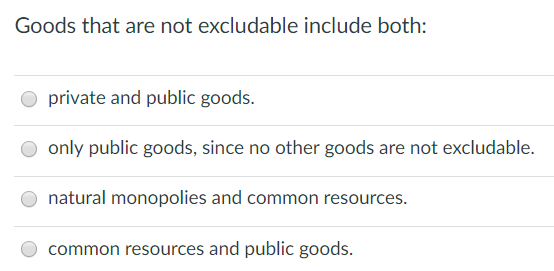 Solved Goods that are not excludable include both: O private | Chegg.com