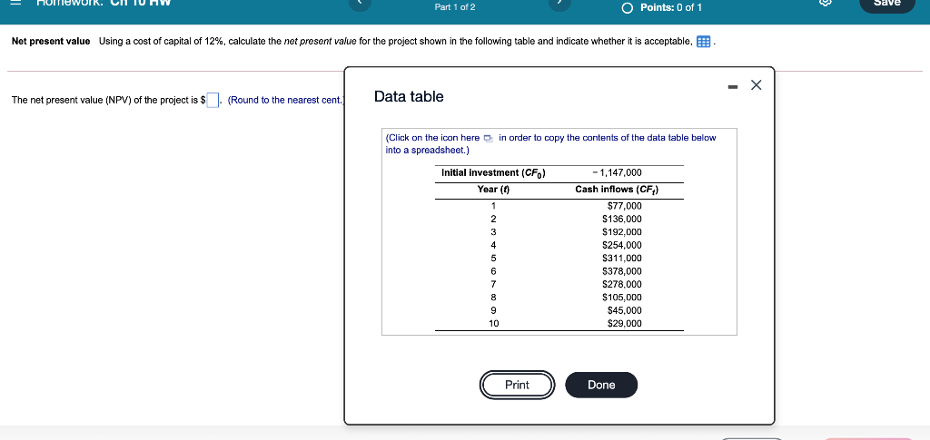 Solved Part 1 of 2 O Points: 0 of 1 Save Net present value | Chegg.com