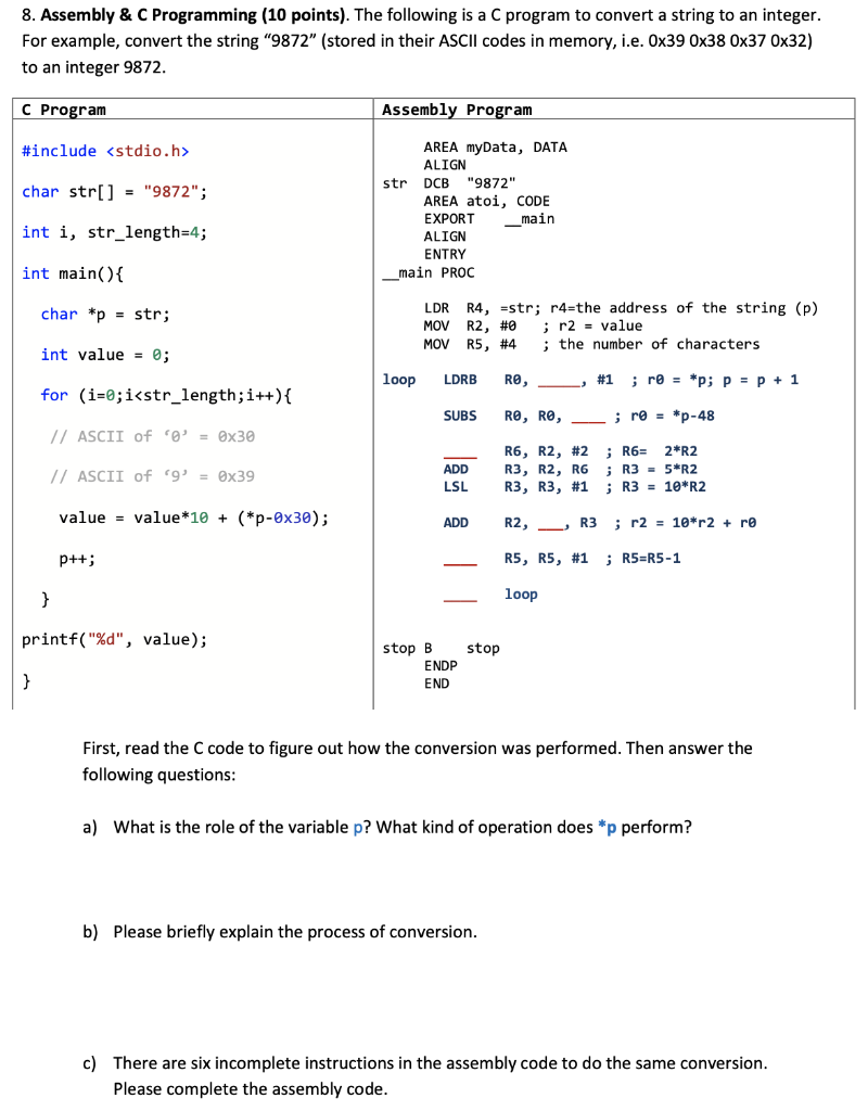 Solved 8. Assembly & C Programming (10 points). The | Chegg.com