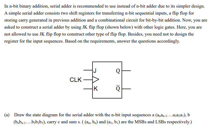 Solved In n-bit binary addition, serial adder is recommended | Chegg.com