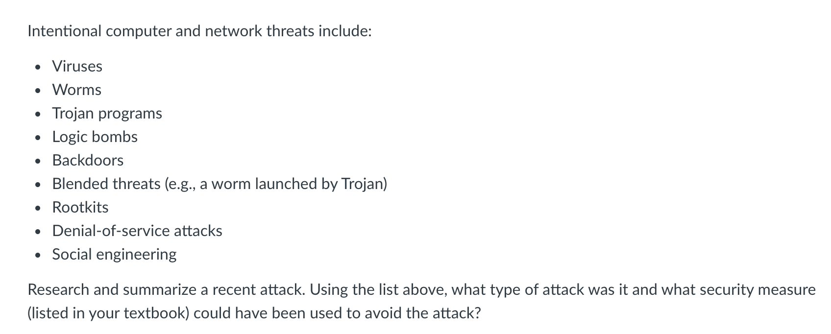 Solved Intentional Computer And Network Threats Include: • | Chegg.com