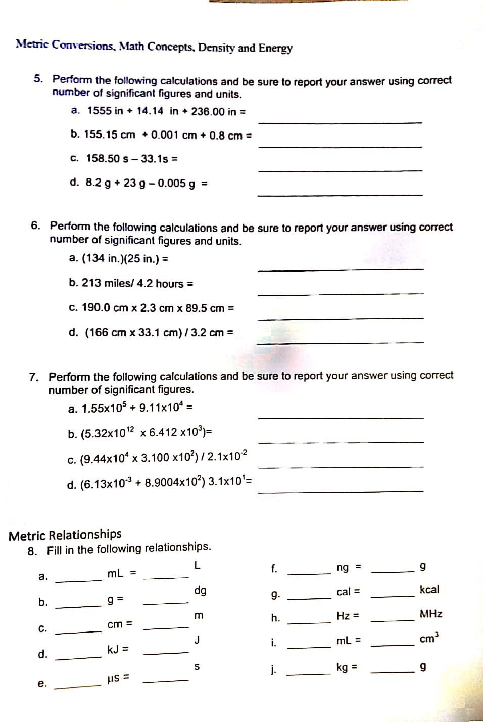 Solved Metric Conversions, Math Concepts, Density and Energy | Chegg.com