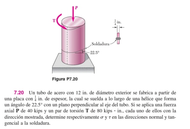 7.20 Un tubo de acero con 12 in. de diámetro exterior se fabrica a partir de una placa con \( \frac{1}{4} \) in. de espesor,