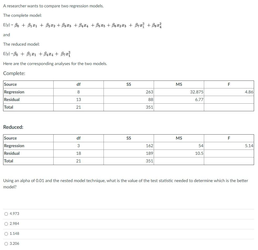 Solved A researcher wants to compare two regression models. | Chegg.com