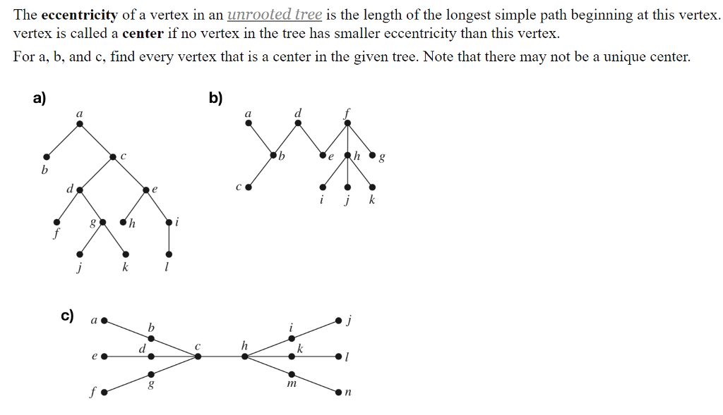 Solved The eccentricity of a vertex in an unrooted tree is