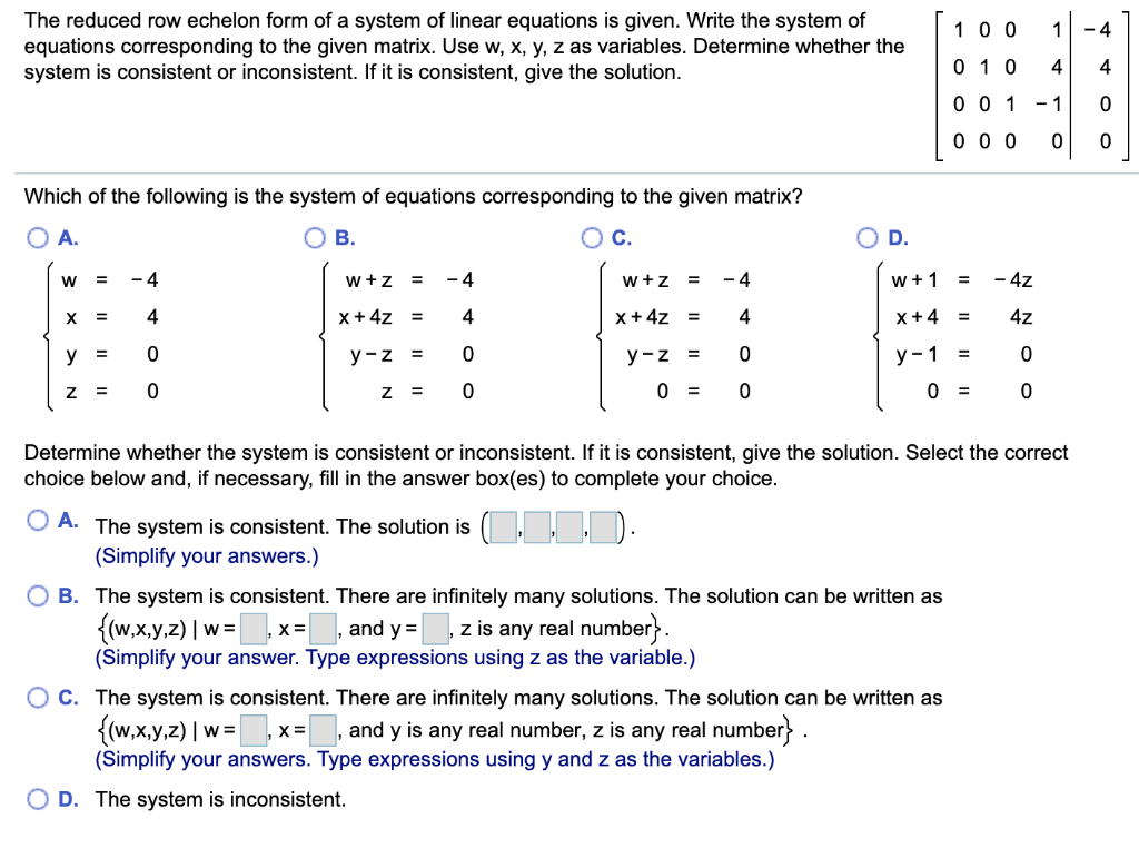 Solved The reduced row echelon form of a system of linear Chegg