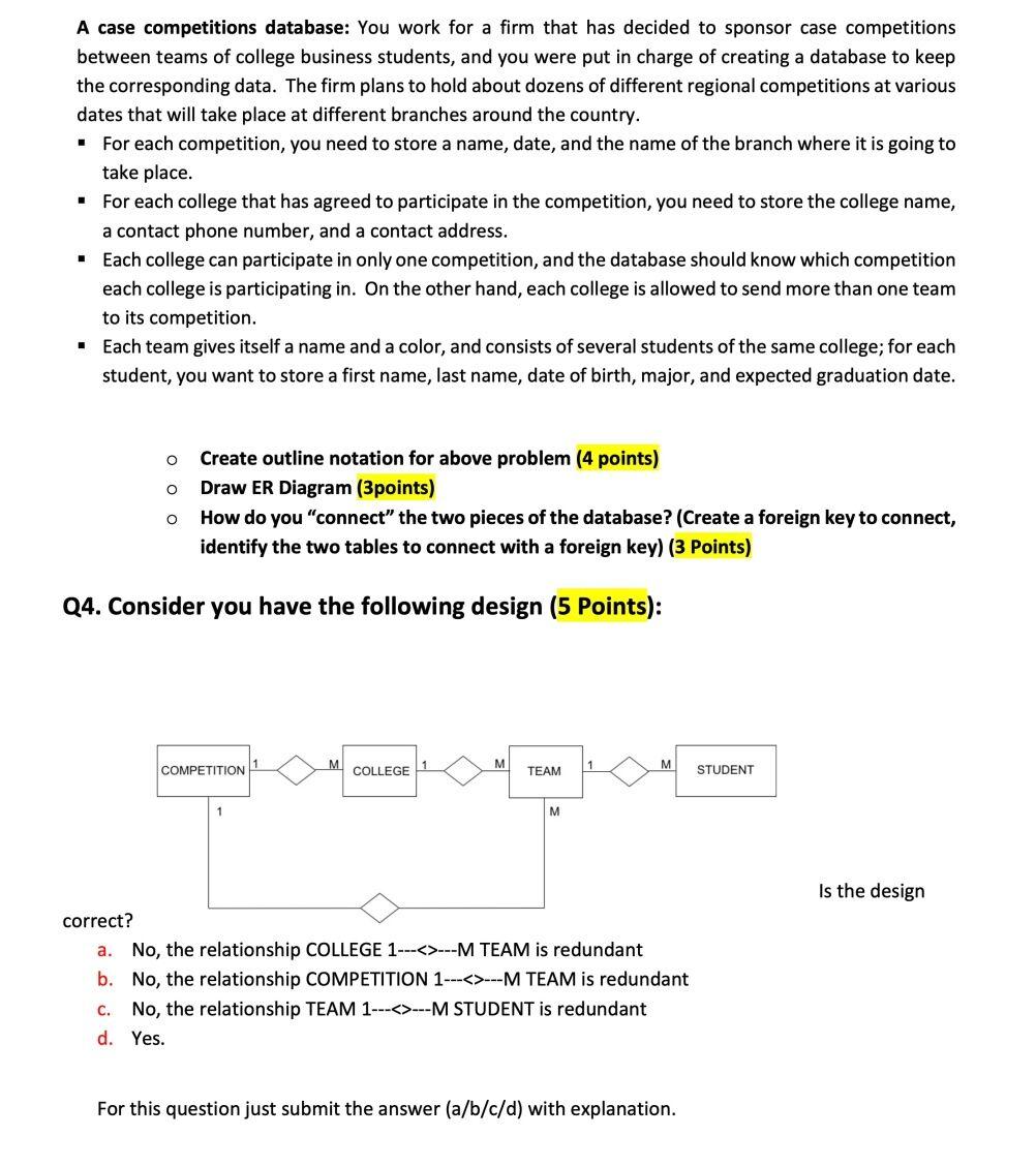 Solved A case competitions database: You work for a firm | Chegg.com