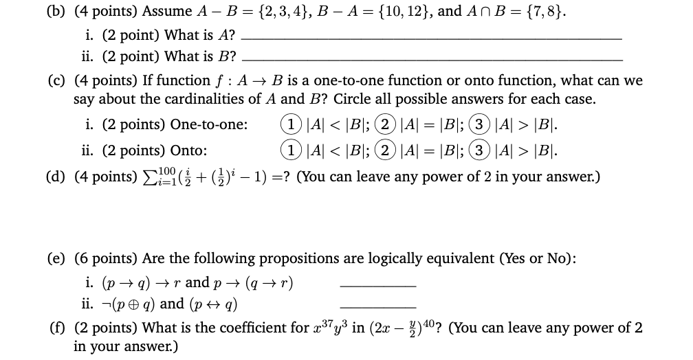 Solved (b) (4 Points) Assume A - B = {2,3,4}, B – A = {10, | Chegg.com