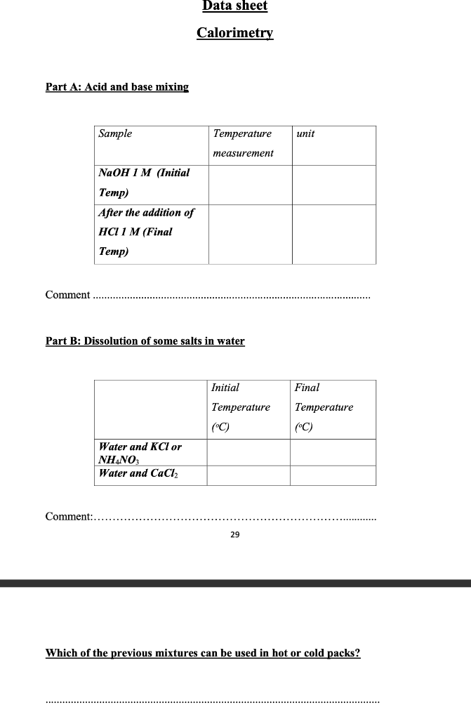 Data sheet Calorimetry Part A Acid and base mixing