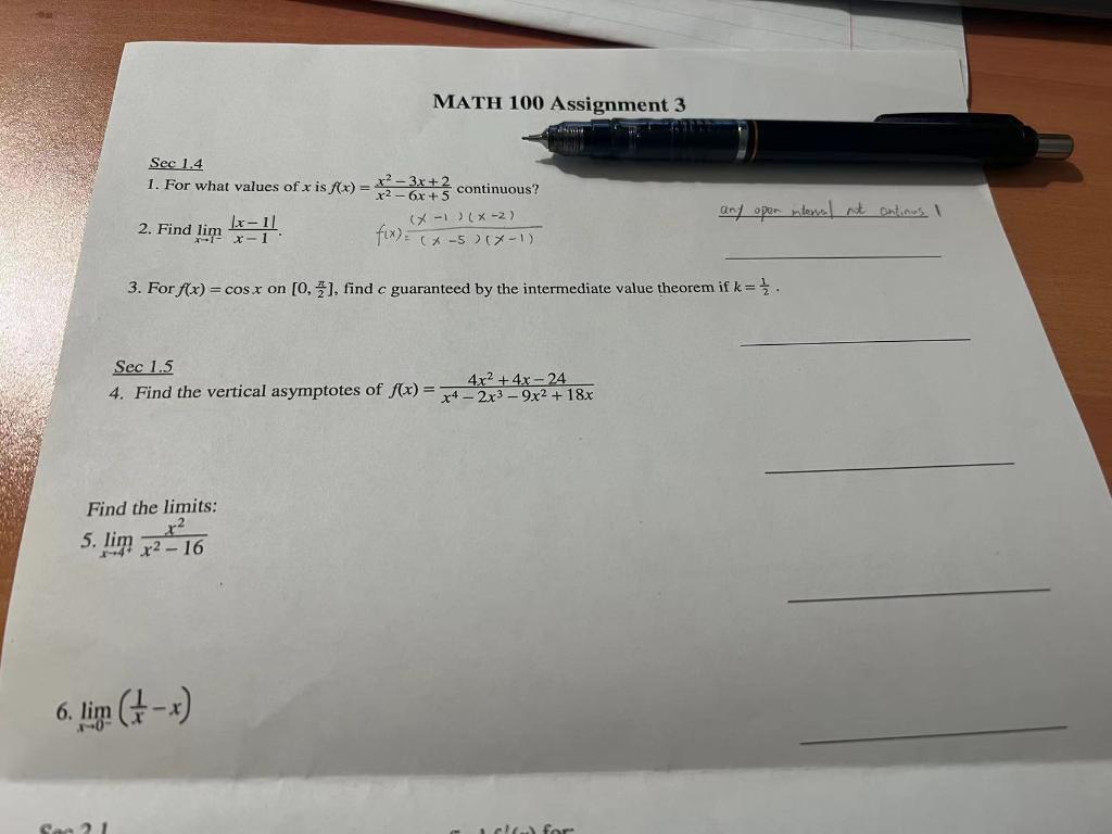 MATH 100 Assignment 3 Sec 1.4 1. For what values of x | Chegg.com