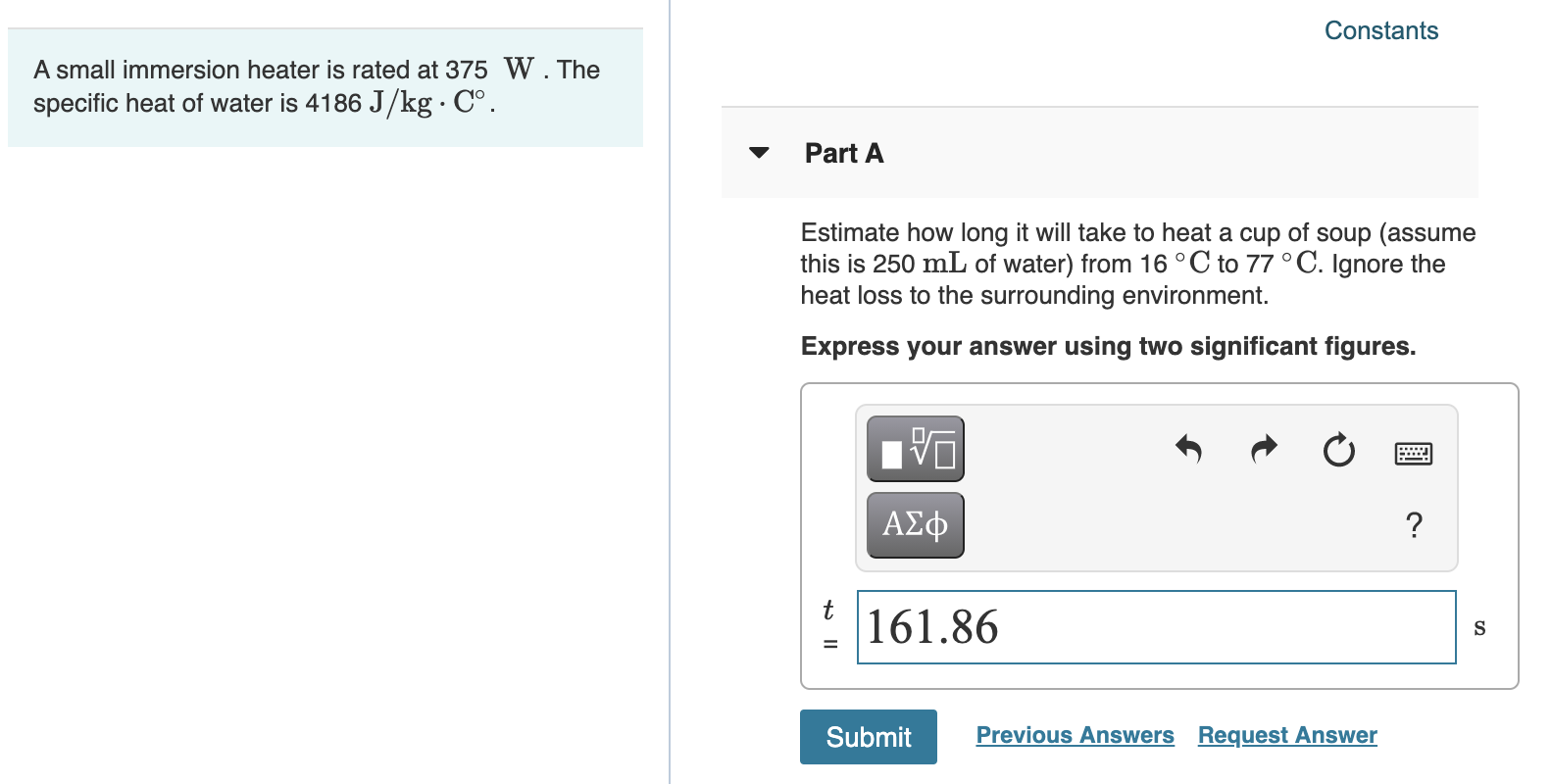 Solved Constants A Small Immersion Heater Is Rated At W Chegg Com