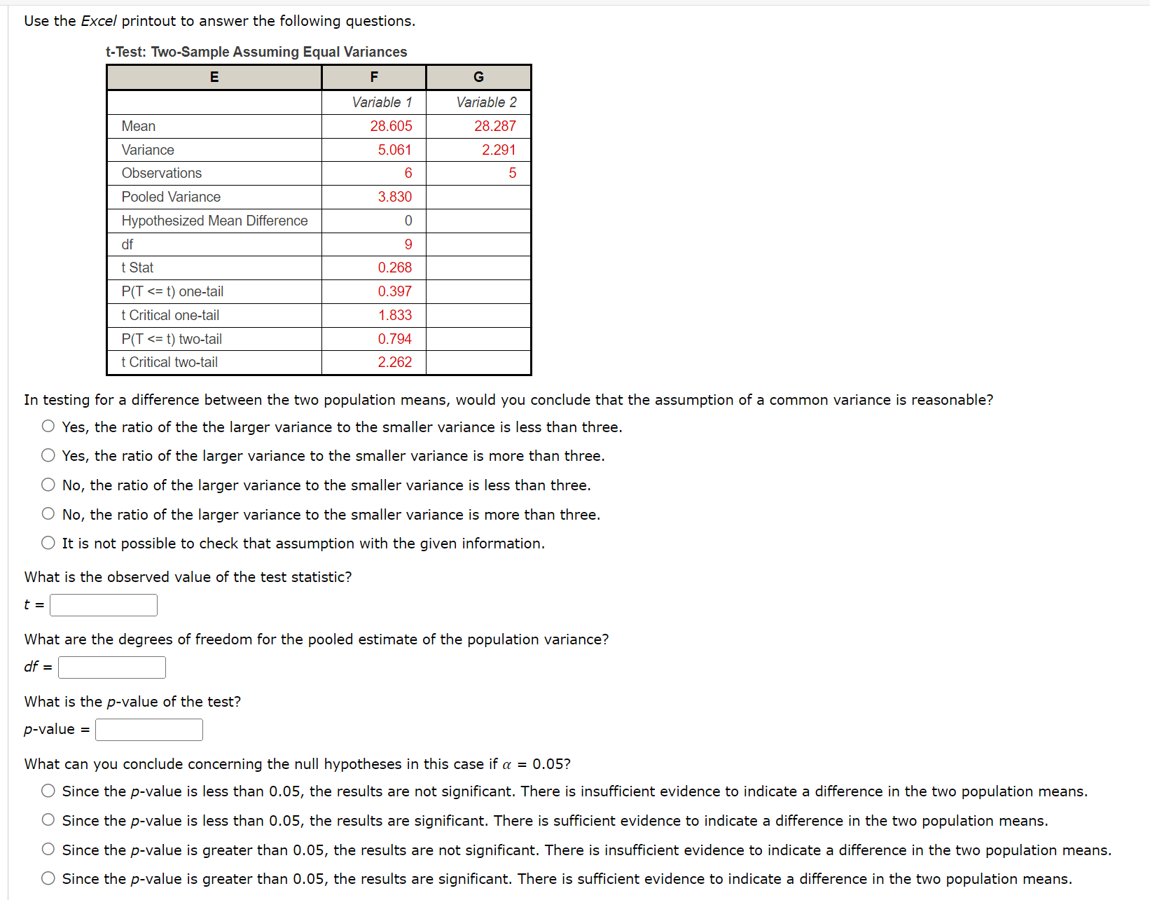 Solved Use the Excel printout to answer the following | Chegg.com