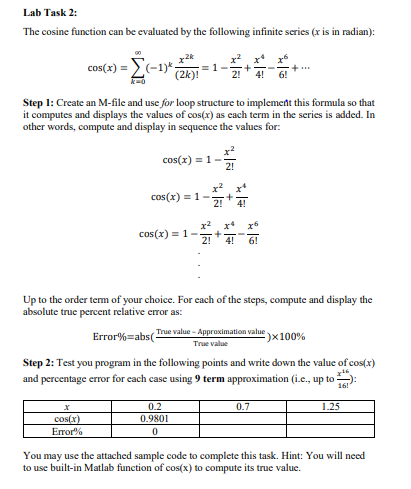 Solved Lab Task 2: The cosine function can be evaluated by | Chegg.com