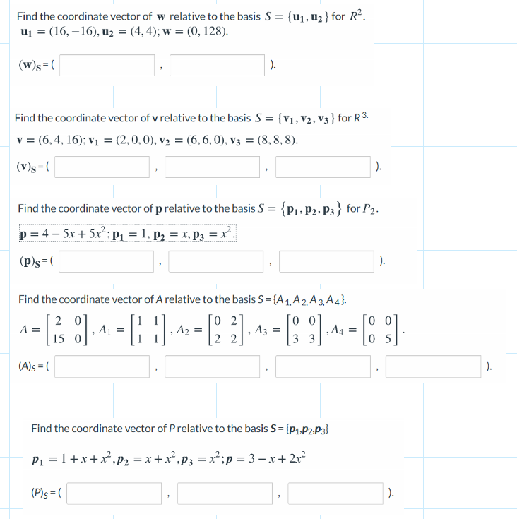 Solved Find the coordinate vector of w relative to the basis | Chegg.com