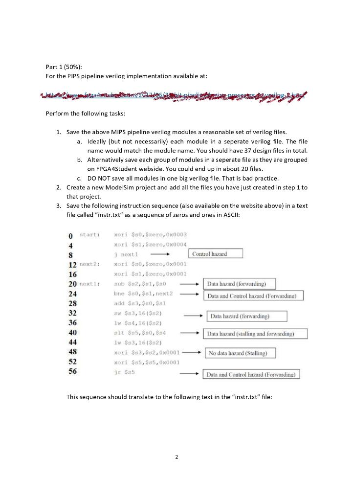 Part 1 (50%): For the PIPS pipeline verilog | Chegg.com