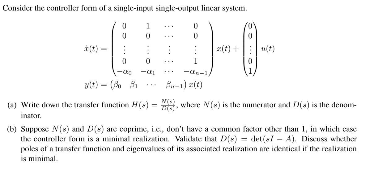 Solved Consider the controller form of a single-input | Chegg.com