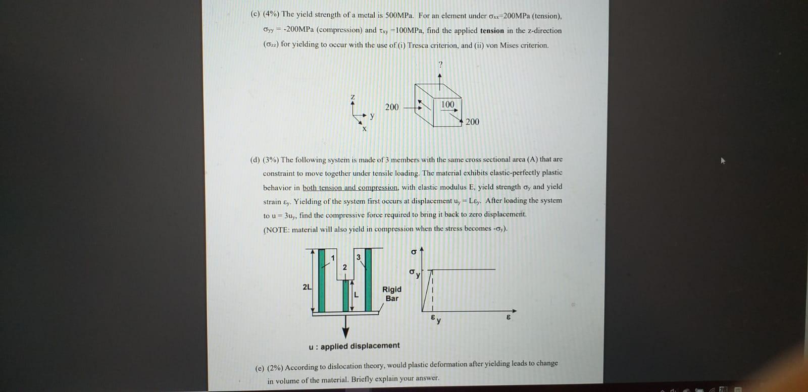 Solved (c) (4%) The yield strength of a metal is 500MPa. For | Chegg.com