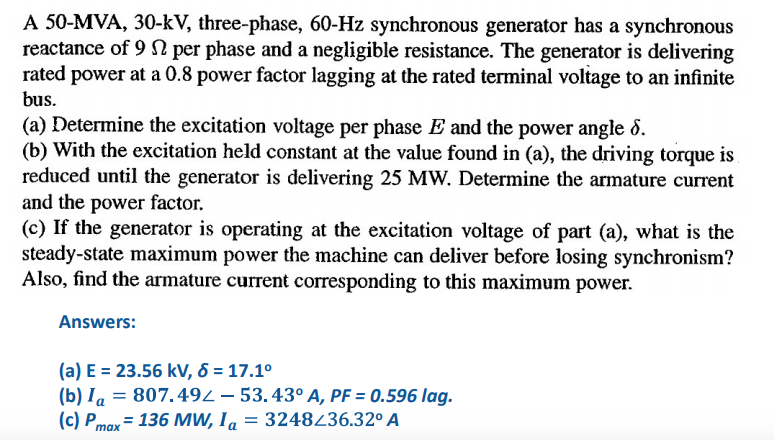 Solved A 50 Mva 30 Kv Three Phase 60 Hz Synchronous 4155