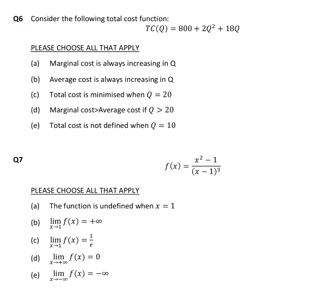Solved Q6 Consider the following total cost function: | Chegg.com