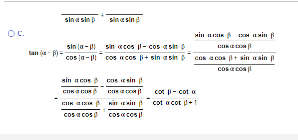 \( \overline{\sin \alpha \sin \beta}+\overline{\sin \alpha \sin \beta} \) \( \tan (\alpha-\beta)=\frac{\sin (\alpha-\beta)}{\