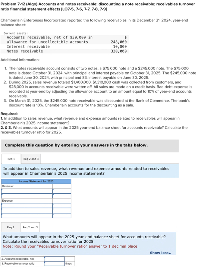 Solved Problem 7-12 (Algo) Accounts and notes receivable; | Chegg.com