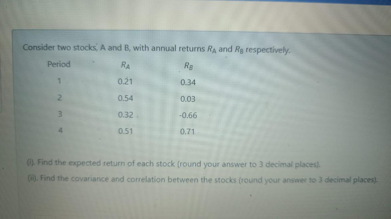 Solved Consider Two Stocks, A And B, With Annual Returns RA | Chegg.com