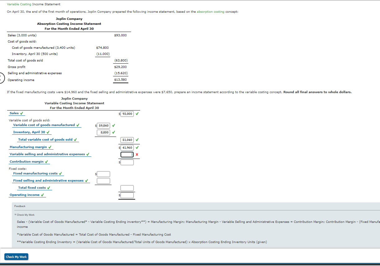 Solved Variable Costing Income Statement On April 30 The 0151