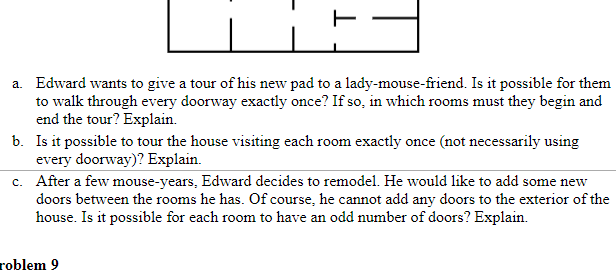 a. Edward wants to give a tour of his new pad to a lady-mouse-friend. Is it possible for them
to walk through every doorway e